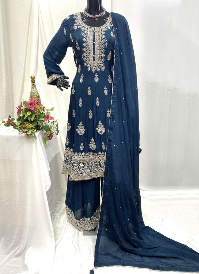 Chiffon Neavy Blue Wedding Wear Hand Work Readymade Plazzo Suit